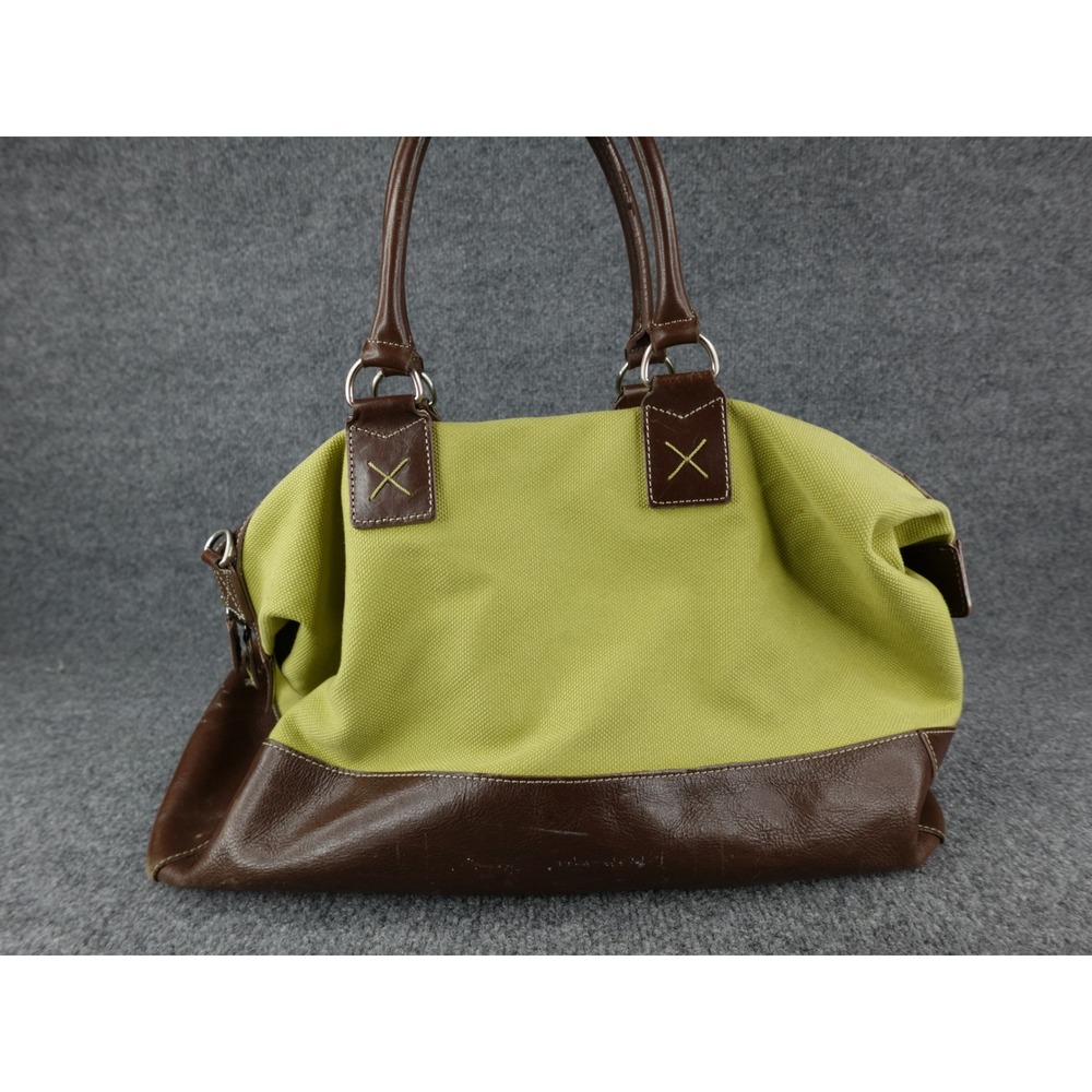 J. Jill Davidson Canvas Leather Trim Satchel Bag Lime Brown